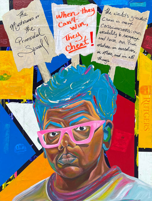 Symbolic Representation of Mark Thomas Gibson_Acrylic and paper on canvas_36” x 48”_2025 By: Ligel Lambert