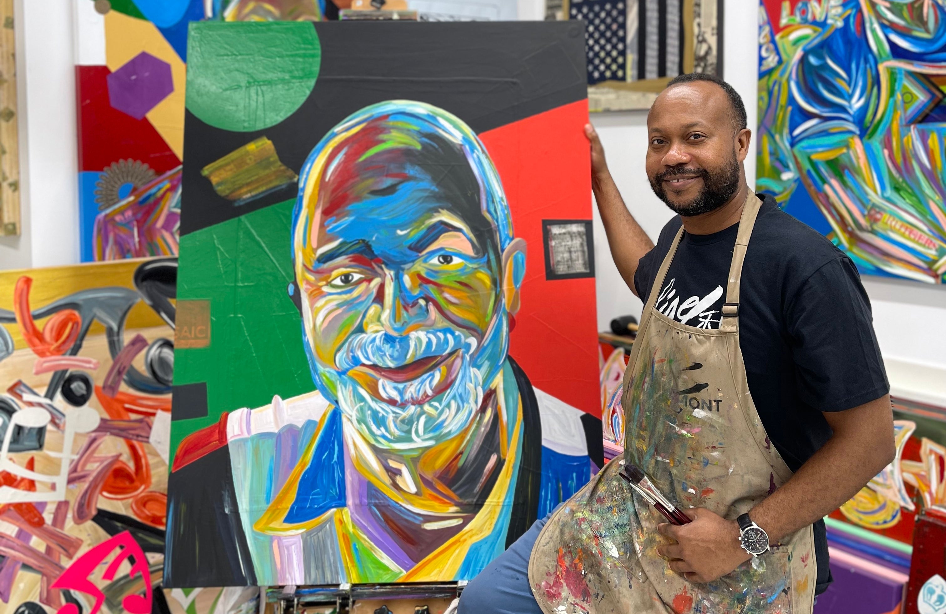 Load video: Ligel Lambert Creating a Symbolic Painting of Kerry James Marshall