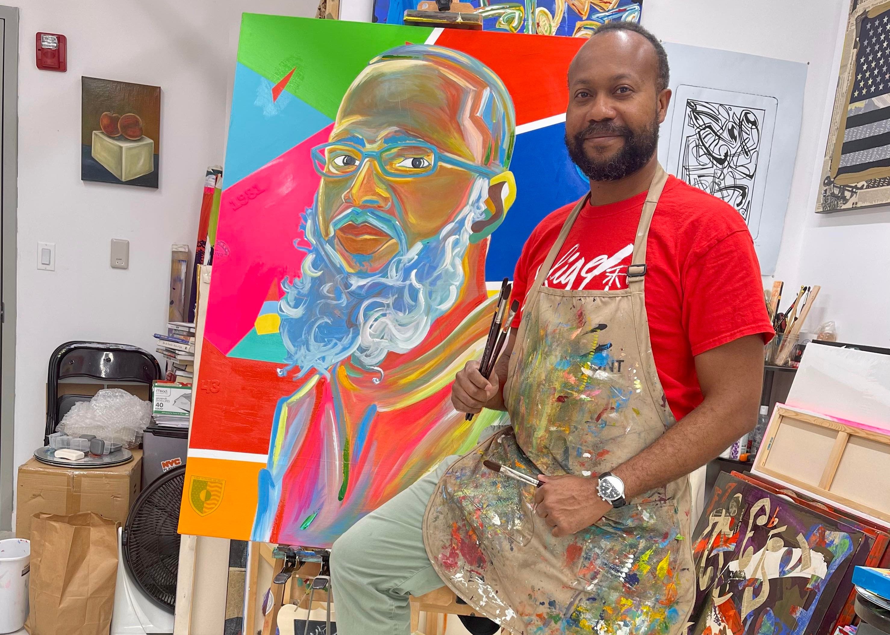 Load video: Ligel Lambert Creating a Symbolic Painting of Meleko Mokgosi